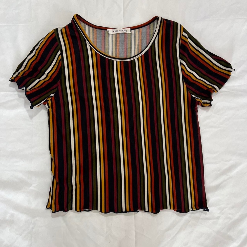 CAUTION TO THE WIND STRIPED LETTUCE-EDGE SHIRT